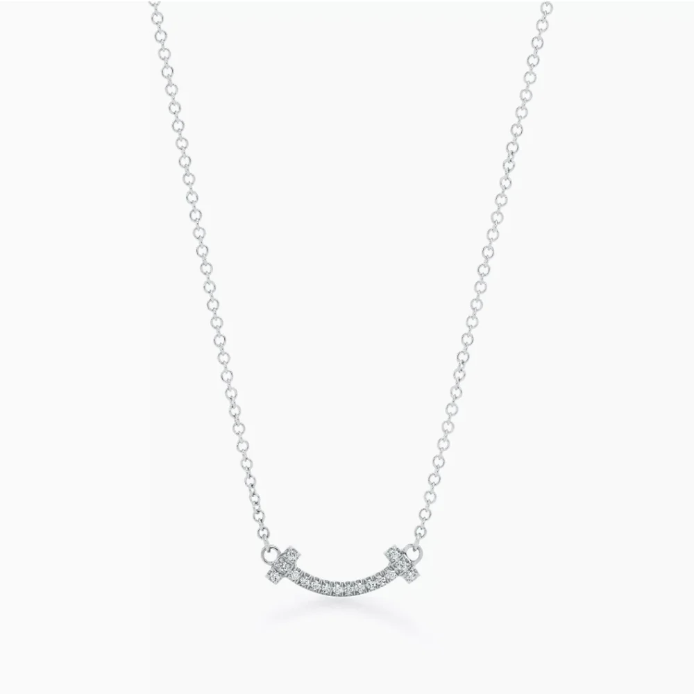 Tiffany & Co Mini T Smile Diamond Necklace 18k White Gold AU 750 16" - 18" Chain - Picture 7 of 7